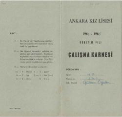 Ankara Kız Lisesi 1964-1965 Öğretim Yılı Çalışma Karnesi [Eğitim Tarihi]