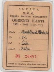Ankara EGO Otobüs İşletme Müdürlüğü Öğrenci Kartı 1961-1962 Ders Yılı