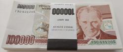 Efemera - 7.EMİSYON 1 DESTE (100 ADET) 100.000TL ORİJİNAL KAĞIT PARA SIRALI HARFLİ ÇİLL - kitantik - kitaLog