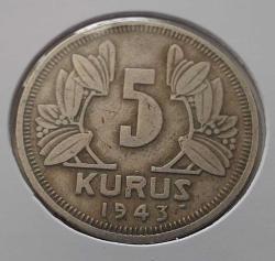 1943 BEŞ 5 KURUŞ ORİJİNAL MADENİ NİKEL N1İ1K1E NADİR