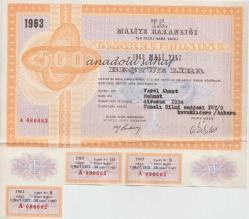 Maliye Bakanlığı Nama Yazılı Tasarruf Bonosu 1963 Mali Yılı Beş Yüz Lira