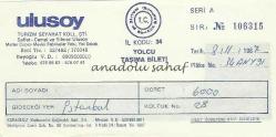 Otobüs Bileti: Ulusoy Turizm Seyahat Yolcu Taşıma Bileti No. 106315, 1987