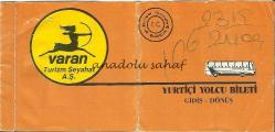 Otobüs Bileti: Varan Turizm Seyahat Yurtiçi Yolcu Bileti Gidiş Dönüş No. 10248
