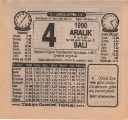 Efemera - 4   Aralık 1990  Takvim Yaprağı  EFM(N)4132 - kitantik - kitaLog