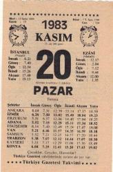 Efemera - 20   Kasım 1983  Takvim Yaprağı   EFM(N)3964 - kitantik - kitaLog