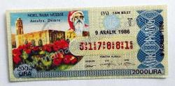 9 Aralık 1986 Tam bilet - Milli Piyango Bileti Antalya, Demre, Noel Baba Müzesi - Efemera