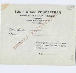 Surp Ohan VOSGEPERAN Ermeni Katolik Kilisesi - Antetli yardım zarfı - Efemera