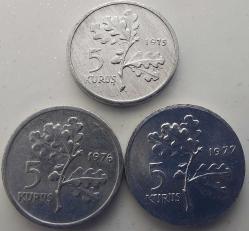 1975-76 ve 77 BEŞ 5 KURUŞ SET MADENİ ALÜMİNYUM ORİJİNAL 3AA5 ÇİL-ÇİLALTI NADİRDİR