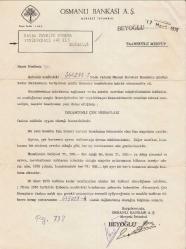 OSMANLI BANKASI BEYOĞLU ŞUBESİ TAAHHÜTLÜ MEKTUP...