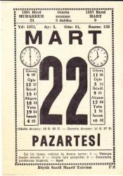 22 MART 1971 SAATLİ MAARİF TAKVİMİ YAPRAĞI
