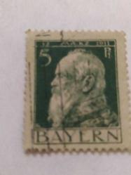 P5-6-8-- 1911 -ALMANYA DAMGALI BAYERN PULU 5 MARK PRENS LEOPOLD