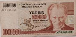 7.EMİSYON 100.000 LİRA ATATÜRK'ÜN DOĞUM VE ÖLÜM TARİHLİ ÖZEL SERİLİ ORJİNAL KAĞIT PARA ÇOK ÇOK NADİR
