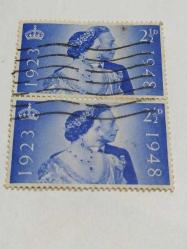 P6-7--1948-İKİ ADET DAMGALI İNGİLTERE KRALİÇE ELİZABET POSTA PULU