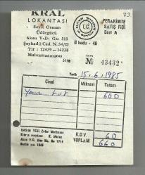 1985 KAHRAMANMARAŞ, KRAL LOKANTASI,SEYİT OSMAN ÜDÜRGÜCÜ PERAKENDE SATIŞ FİŞİ...