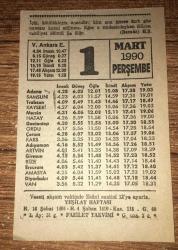 1 MART 1990 PERŞEMBE Fazilet Takvimi YAPRAĞI