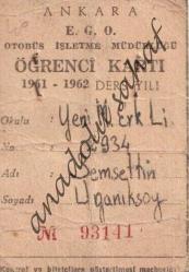 Ankara EGO Otobüs İşletme Müdürlüğü Öğrenci Kartı, Pasosu  1961-1962 Ders Yılı