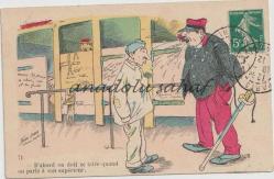 Mizahi Kart: D'abord on doit se taire quand on parle a son superieur, 1912 / Fransız Postasından Geçmiş, Ön Yüzü Pullu, Ön ve Arka Yüzü Damgalı