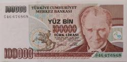 7.EMİSYON 100.000 TÜRK LİRASI GÜZEL NUMARALI ORİJİNAL KAĞIT PARA ÇİL G46676868 ÇOK NADİR