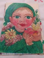 KLS 6--PASTEL BOYA RESİM --KUŞ SEVEN YEŞİL GÖZLÜ KIZ