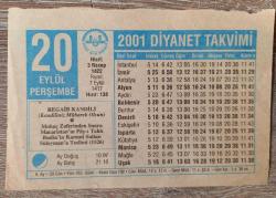 Efemera - 20 EYLÜL PERŞEMBE 2001 TARİHLİ DİYANET Takvimi (Doğum Günü, Evlilik, Nikah, Nişan vs. Özel Günler Yıl Dönümü ve Dekor, Fon İçin Hediyelik) - kitantik - kitaLog