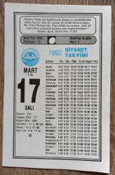 Efemera - 17 MART SALI 1992 TARİHLİ Diyanet Takvim Yaprağı (Doğum Günü, Evlilik, Nikah, Nişan vb. Özel Günler Yıl Dönümü ve Dekor, Fon İçin Hediyelik) - kitantik - kitaLog