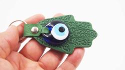 Sanat Taciri - Yeşil Fatma Ana Eli CAM Nazar Boncuklu Deri Anahtarlık