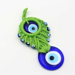 Çift Boncuklu El İşi Makrome YEŞİL Renk Kapı - Duvar Süsü Nazarlık Duvara Asmalı Nazar Boncuğu