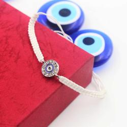 Gümüş Renk Cam Taşlı Nazar Boncuğu Beyaz Renkli Örme Bileklik --- Hediye Paketinde Gönderilecektir