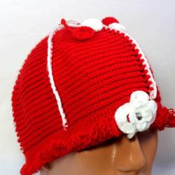 El İşi - Şiş Örmesi Kırmızı Kadın Şapkası - El İşi Örme Bere