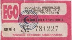 Ankara EGO Genel Müdürlüğü Denetiminde Özel Halk Otobüsü Yolcu Bileti