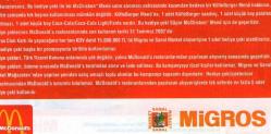 MİGROS McDONALD'S ALIŞVERİŞ ÇEK 2001.10.000.000A KADAR ALIŞVERİŞE 1 ÇEK ALMA ŞANSI
