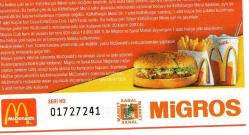 MİGROS McDONALD'S ALIŞVERİŞ ÇEKLERİ (2) YIL 2001..10.000.000A KADAR ALIŞVERİŞE 1 ÇEK ALMA ŞANSI