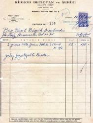 ERMENİ EVRAK .FATURA KİRKOR BECİDYAN BAY VASİL BÜYÜKDİMİTRİADİES