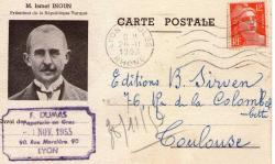 İSMET İNÖNÜ KART 1953 RESİMLİ POSTA KARTI FRANSIZ