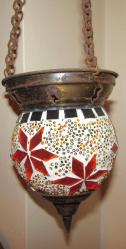 KANDİL MUM İÇİN YAPILMIŞ KESME RENKLİ DİZAYN CAMLI ZİNCİRLİ ASMALI ÇOK ENDER BAKIR CAM KOMBİNASYONU 204