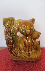 VİNTAGE DAMGALI SERAMİK BİBLO VAZO MUMLUK ANNE KEDİ VE YAVRUSU 14 CM