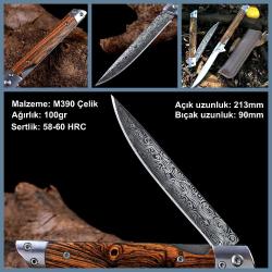 OMENİV'DEN AHŞAP SAP M390 ÇELİK DAMASKUS DESENLİ ÇAKI BIÇAK KİLİTLİ KILIFLI OUTDOOR KAMP BALIK AVCI