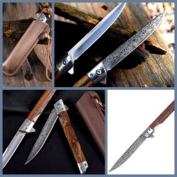OMENİV'DEN AHŞAP SAP M390 ÇELİK DAMASKUS DESENLİ ÇAKI BIÇAK KİLİTLİ KILIFLI OUTDOOR KAMP BALIK AVCI
