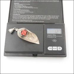 Vintage 925 Gümüş Elde Oyma Kırmızı Mercan Çiçekli Kolye Ucu 0088