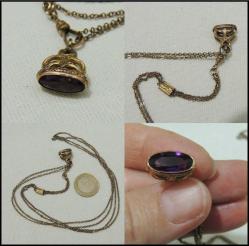 Antika Altın Dolgu Ametist İmitasyonu Taşlı Cep Saati Kösteği Kolye  0001