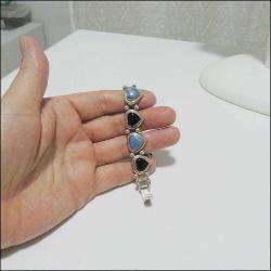 Vintage 925 Gümüş Doğaltaşlı Kalpli Bileklik Bilezik Thailand 0070