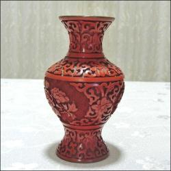 Antika - Retro 1950 ler Kırmızı Cinnabar Lakeli İçi Mavi Mineli Küçük Vazo ÇİN - kitantik - kitaLog