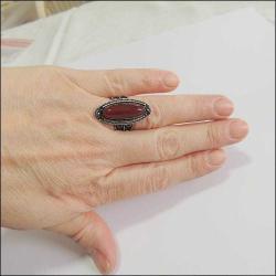 Retro 950 Ayar Saf Gümüş Akik Taşlı Yüzük 0065