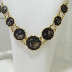 Antika El yapımı  Gümüş ve Altın kakma Shakudo Kolye Japonya 0064