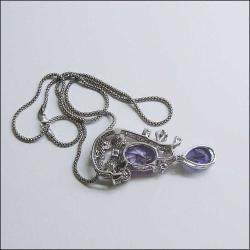 Vintage 925 Gümüş Sedef Mor Kristal Taşlı Kolye 0025