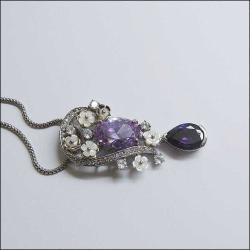 Vintage 925 Gümüş Sedef Mor Kristal Taşlı Kolye 0025