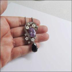 Vintage 925 Gümüş Sedef Mor Kristal Taşlı Kolye 0025