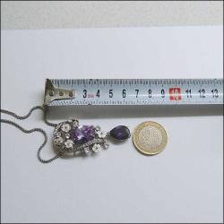 Vintage 925 Gümüş Sedef Mor Kristal Taşlı Kolye 0025