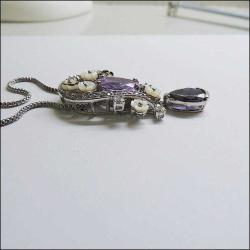 Vintage 925 Gümüş Sedef Mor Kristal Taşlı Kolye 0025