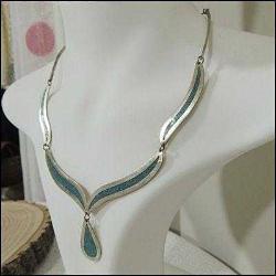 Retro Alpaka Üzeri Turkuaz Kakma El yapımı Kolye Meksika 0062